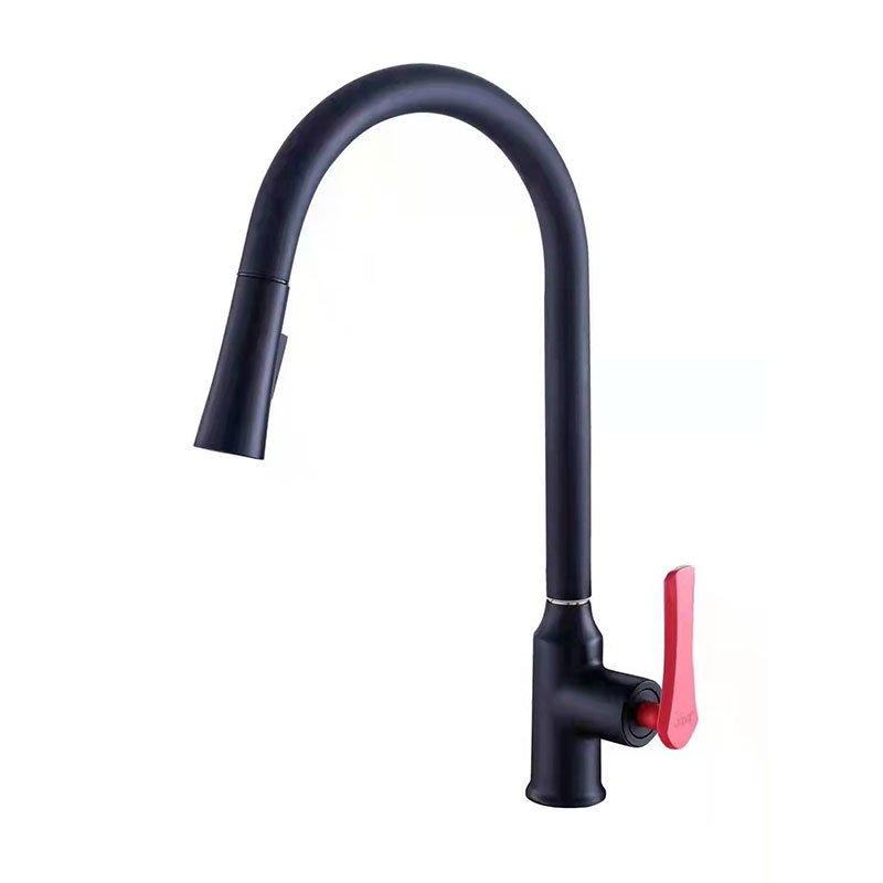 Black Pull Out Kitchen Faucet With Red Handle