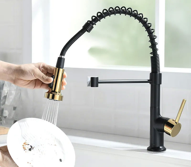 Matte Black Gold Pull Down Spring Kitchen Faucet